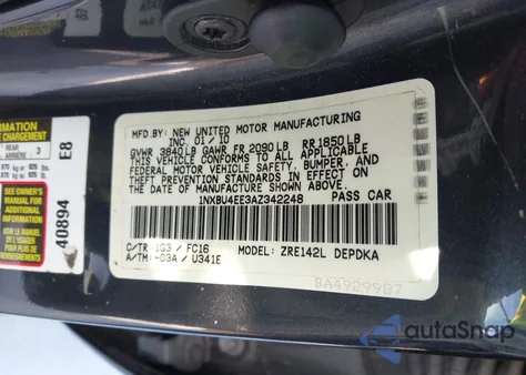 2010 Toyota Corolla Le from USA, damaged, VIN 1NXBU4EE3AZ342248